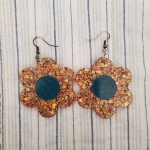 Floral Glitter Earrings with Blue Center